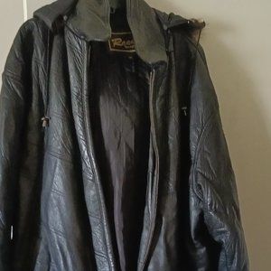 Black Leather Jacket WITH DETACHABLE FUR HOOD / OUTER 2 POCKETS